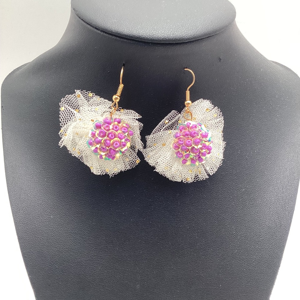 Purple Beaded‎ Pom Pom Earrings White Tulle Gold Glitter Drop Dangle Handmade